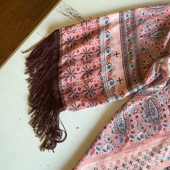 American Rag Boho Peach Brown Floral Fringe Festival Duster Kimono S M - Picture 6 of 10